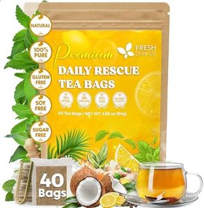FreshDrinkUS, Premium 40 Tea Bags Daily Rescue Lemon Ginger Tea - 9 Superherbs – 100% Natural Ingredients, Tea Mix for Wellness Boost - Shelf-Stable, Caffeine-Free, Sugar-Free, Vegan