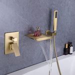 TapLong Waterfall Bathtub Faucet Set with Sprayer, Single Handle Tub Filler with Hand Shower, 3 Holes Contemporary Wall Mount Roman Tub Faucet with Rough-in Valve and Trim Kit, Brushed Gold, 91266BG