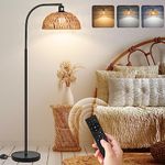 Rattan Floor Lamp- Modern Black Standing Floor Lamps with Remote Control and Stepless Dimmable Bulb, Hand-Worked Adjustable Rattan Lamp Shades