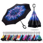 CICILIAYA Double Layer Folding Inverted Umbrella, Self Stand Upside-down Rain Protection Car Reverse Umbrellas with C-shaped Handle Big Straight Umbrella (Colorful 2)