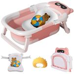 LiveGo Baby Bath Tub, Foldable Baby Bath for Infants to Toddler, Newborn Baby Bathtub with Thermometer & Floating Cushion, Baby Bath for 0-24 Months Newborns Infants and Toddler(Pink Bear