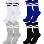 HAKFOO 4 Pair Athletic Socks for Men Women, Sports Stripes Cotton Half Cushion Crew Socks, Casual Stretchy Socks-Breathable, Odor-resistant, Comfortable for Girls and Boys