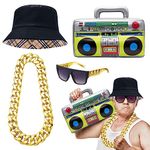 Hip Hop Costume Kit, 80s 90s Rapper Accessories Including Inflatable Boom Box Plastic Gold Chain Glasses Bucket Hat, Old Style Cool Rapper Outfits for Men Women (Style-3)