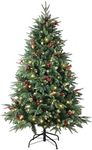 Pre-lit Christmas Tree 150cm/5ft,600 Branches Tips Artificial Pine Xmas Tree with 150 LED Lights & 40 Red Berry & 40 Pinecone Decoration for Indoor Outdoor