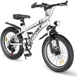 MCFANSHOU 24 inch Kids Mountain Bike with 7-Speed Gears, Front Suspension,Dual Disc Brakes,LED Headligh,Boys Mountain Bike for Ages 8-14 (Silvery 24")
