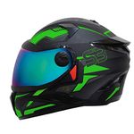 Steelbird SBH-17 Terminator ISI Certified Full Face Graphic Helmet in Matt Finish(Large 600 MM, Black Fluo Green Fitted with Clear Visor and Extra Chrome Rainbow Visor)