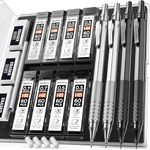 Nicpro 4 Pack Metal Mechanical Pencil Set 0.5 mm & 0.7mm with Case, Artist Pencil MP1000 with 8 Tubes HB & 2B Lead Refill, 3 Eraser, 9 Eraser Refill For Art Writing Drafting Drawing,Black & Silver