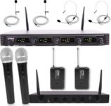 Pyle 4 Channel Wireless Microphone System-Portable UHF Audio Set with 2 Handheld, 2 Headset, 2 Lavalier Mics, 2 Transmitter, 8 'AA' Battery, Power Adapter-for Karaoke, PA, DJ PDWM4540