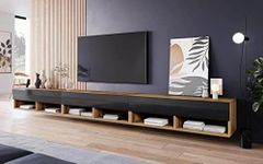 MINIO - TV Stand Cabinet ANNE, TV Unit 300 cm Wide, TV Cabinet with Doors and Open Niches, Laminated Chipboard, Practical and Functional - Wotan Oak/Black High Gloss