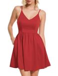 ROYLAMP Women Dresses for Homecoming Teens Wedding V-Neck Spaghetti Strap A-line Swing Petite Tiered Short Mini Dress with Pockets Red XL