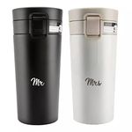 Giftana Mr and Mrs Gifts Coffee Tumbler Set of 2, Double Wall Stainless Steel Vacuum Insulated Travel Mugs Bridal Shower, Wedding Engagement Gifts for Couples, Bride and Groom, 380ml, Black and White