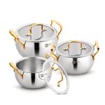 Bergner BE Essentials TriPly Stainless Steel 6 Pcs Rishi Gold Rice Handi Set - 16cm (2.2L), 18cm (3.2L), 20cm (4.2L) and 3 Flat Glass Lids with Golden Coated Finishing Handle & Knob - Induction Bottom