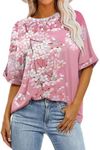 ANRABESS Women's Oversized T Shirts Floral Short Sleeve Crewneck Summer Tops Casual Loose Basic Tee Shirts 2025 Trendy Clothes Bright Pink XX-Large