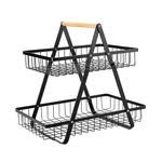 Veefos Upgraded Large 2 Tier Fruit Basket for Kitchen Countertop Organizer, Portable Metal Wire Fruit Bowl Vegetable Storage Basket Tiered Fruit Stand Holder with Wooden Handle for Bread Produce Snack