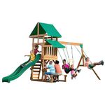 Backyard Discovery Belmont 100% Cedar Wood Swing Set | Outdoor Playground for Kids | Garden Climbing Frame for Children | 1 Trapeze and 2 Belt Swings | 2.4m Wave Slide | Rock Wall Ladder