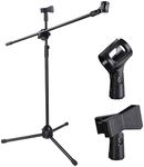 CLAPONE CLP-101 Adjustable Height Microphone Stand - Dual Mic Clip, 90-Degree Rotating Folding Boom Arm Stand