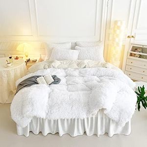 UOZZI BEDDING White Faux Fur Comforter Set Queen 3 Pieces - 1 White Shaggy Comforter Set and 2 Pillowcases, Ultra Soft and Easy Care Luxury Plush Shaggy Duvet Set