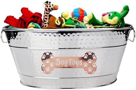 Metal Indestructible Dog Toy Bin - Steel Dog Toy Basket with Handles, Pet Toy Box, Oval for Blankets, Leashes, & Toys for Aggressive Chewers - Pawprint Design Home Decor (Silver)