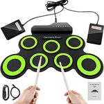 HINATAA Foldable Electronic Drum Kit Musical Entertainment Play Set, Digital Electronic Drum Kit 7 Drum Pads with Drumsticks Foot Pedals for Kids Children Beginners (Green)