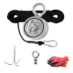 THCMAG Double Sided Magnet Fishing Kit with Grappling Hooks, Gloves, 1500lbs combined strength Strong Retrieval Neodymium Magnets with 65FT Black Rope for River Magnetic Recovery Salvage Fishing.