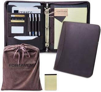 FORTAVEM Crazy Horse Genuine Leather Zippered Padfolio with 3-Ring Binder, A4/Letter Portfolio Organizer for Work, Fits 13.9" Tablet, Business Document Folder for Meetings & Interviews (Brown)