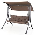 COSTWAY 3 Seater Garden Swing Chair, Outdoor Hammock Bench Chair with Adjustable Canopy and Soft Cushions, Steel Frame Porch Patio Swing Seat Lounger for Balcony Poolside Deck (Brown)