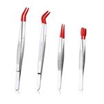 4pcs Stainless Steel Tweezers with Non Slip Rubber Straight/Flat/Long Curved Tips, Silicone Tipped Tweezers Tools for Jewelry Diamond Gem Rhinestone Crystals Bead Pick Up for Crafts Making Lab