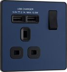 BG Electrical Evolve Single Switched Power Socket + 2 USB Charging Ports (2.1A), 13A, Matt Blue