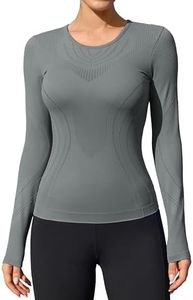 ATTRACO Womens Seamless Compression Shirt Long Sleeve Workout Top Tight Fitted Gym Running Shirt Gray L