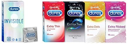 Durex Invisible Super Ultra Thin Condoms for Men | 10 Count | Suitable for use with lubes & toys & Multi-pack Condoms for Men (Extra Time, Extra Dotted, Extra Ribbed, Extra Time)- 10 count (Pack of 4)