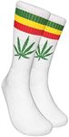 Unisex Marijuana Weed Maple Leaf Printed Warm Cotton High Athletic Crew Socks, White / Green / Rasta Stripes, 10-13