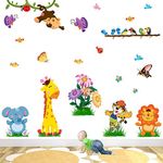 StickMe 'Colourful Animals, Birds and Flowers Wall Sticker' -SM086 (Multi Colour, Vinyl - 100cm X 80 cm)