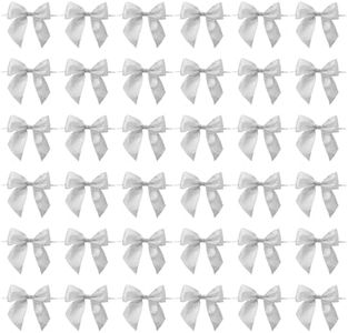 36 Pack Mini Silver Organza Twist Tie Bows for Party Favors and Treat Bags (4 x 3 in)