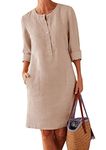 OMZIN Button Linen Dresses with Pockets Solid Color Casual Round Neck Loose Summer Dresses for Women Beige M