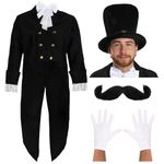 Posh Victorian Man Costume - Small - Black Victorian Jacket, White Cravat, Plush Top Hat, White Gloves and Moustache - Historical Victorian Fancy Dress Costume