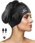 Long Hair Swim Cap for Women Men with 3D Ear Protection, Silicone Swimming Cap for Long/Short Hair to Keep Hair Dry, Waterproof Adult Swim Hats Bathing Caps with Ear Plugs & Nose Clip(Black)