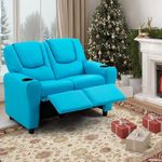 AVAWING Toddler Recliner, Double Children Couch with Cup Holder, PU Leather Kids Sofa, Kids Loveseat w/Adjustable Footrest & Headrest for Boys and Girls 3+ Age Group, Blue