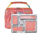 NikNesh Planet Stainless Steel Lunch Box with Bag and 5 Compartments for Adults and Kids, Space Animals Carry Bag (Pink)