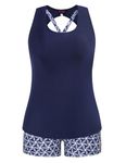 Hanna Nikole Plus Size Women Tankini Swimsuit 3 Piece Athletic Swimwear Tummy Control Navy Blue Floral 24