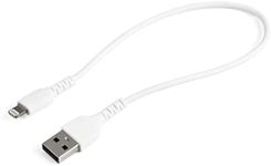 StarTech.com 12inch (30cm) Durable White USB-A to Lightning Cable - Heavy Duty Rugged Aramid Fiber USB Type A to Lightning Charger/Sync Power Cord - Apple MFi Certified iPad/iPhone 12 (RUSBLTMM30CMW)