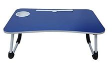 SOLIAM Foldable Wooden Laptop Bed Tray Table, Multifunction Lap Tablet Desk with Cup Holder, Perfect for Eating Breakfast, Reading Book, Working, Watching Movie On Bed (Blue PRO)