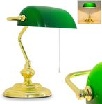 hofstein Classic banker's lamp, Retro Table lamp Made of Metal in Polished Brass, lampshade Made of Glass in Green, E27, Table lamp for Office and Desk, Pull Cord for Switching on/Off, Without Bulb