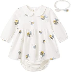 pureborn Baby Girls Dress with Bloomer Infant Long Sleeve Playwear Dress with Headband 6-9 Months Honey Bee