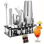 Cocktail Making Kit 23 pcs - 750ml Stainless Steel Cocktail Shaker Set with Acrylic Stand, Recipe Booklet, Includes 4 Whiskey Stones - Complete Bar Kit Tools for Mixing Drinks at Home, Bar, Parties