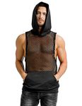 LINOCOUTON Mens Mesh Tank Tops See Through Sleeveless Hoodie Sheer Fishnet Shirt Muscle Workout Tees, Black, Medium