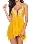 Avidlove Sexy Lingerie for Women Front Closure Babydoll Lace Chemise V Neck Nightgown Mesh Sleepwear Nightwear Yellow