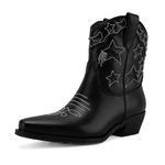 KaroNairy Short Cowboy Boots for Women Stacked Heel Cowgirl Boots Almond Toe Western Stitched Ankle Boots, Black-6, 8 UK