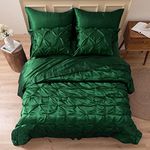 MR&HM Satin Comforter Queen 7 Pieces - Luxurious Pinch Pleat Bedding Set with Comforter, Flat Sheet, Fitted Sheet, Pillowcases & Shams, Super Silky Soft Bed Set for All Season (Queen, Dark Green)