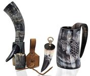 Bhartiya Handicrafts Viking Drinking Mugs With Horn, Bottle Opener Shot Glass, Belt Holster Set Kit Handmade Real Horn Cups for Ale Wine Beer mead ale Vikings & Game of Thrones and Viking Theme(16 Oz)