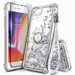 NGB Compatible for iPhone SE 3 2022/iPhone SE 2020 Case, iPhone 6 6S 7 8 Case with Tempered Glass Screen Protector, Ring Holder, Girls Women Kids Liquid Bling Sparkle Glitter Cute Case (Gem)